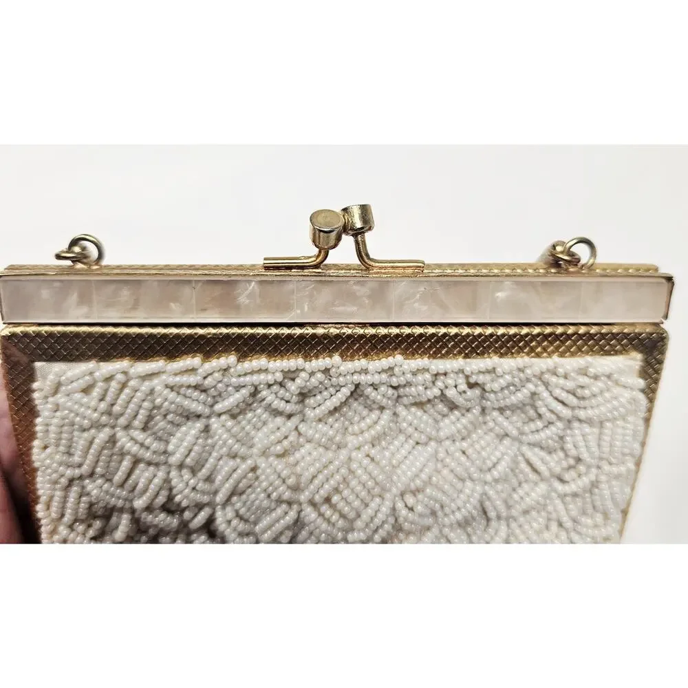 Vtg Walborg Micro Beaded Evening Bag w/Kiss Lock, Mother Of Pearl Trim HongKong